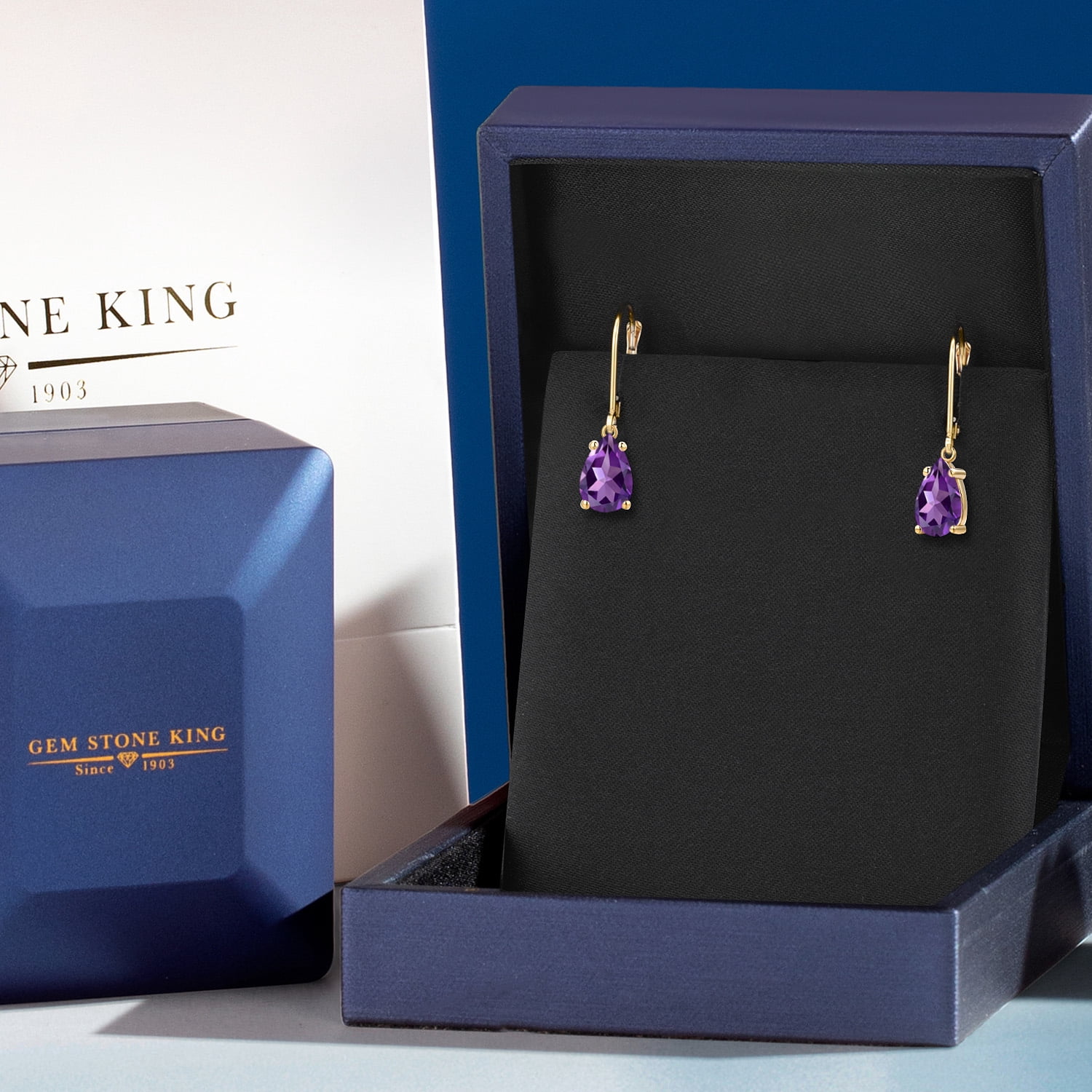 Gem Stone King 14K Yellow Gold Purple Amethyst Earrings for Women | 2.18 Cttw | Gemstone February Birthstone | Pear Shape 9X6MM