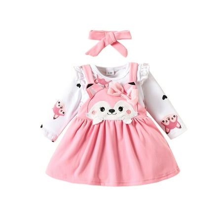 

Glonme Long Sleeve Jumpsuit Top+Strap Dress+Heanband Baby Cute Photograph Dresses Set Casual Crew Neck 3Pcs Outfit Suit Pink 6-9M