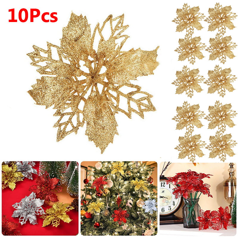 10pcs Xmas Tree Ornaments Artificial Flowers Fabric Pendant Party Decor Newest