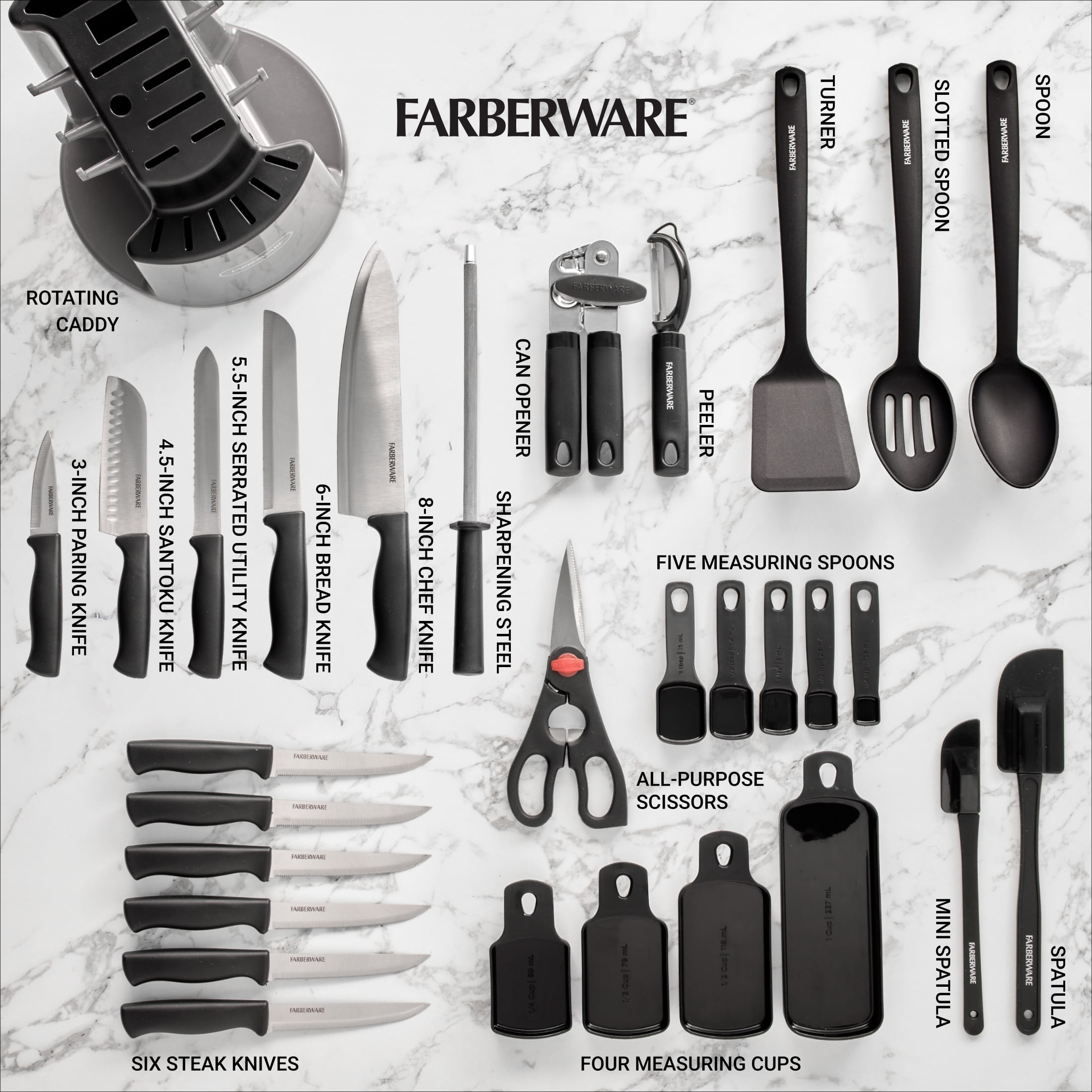 Farberware Classic 30-Piece Spin-N-Store Rotating Carousel Stainless Steel Knife Set & Tool Set Gray