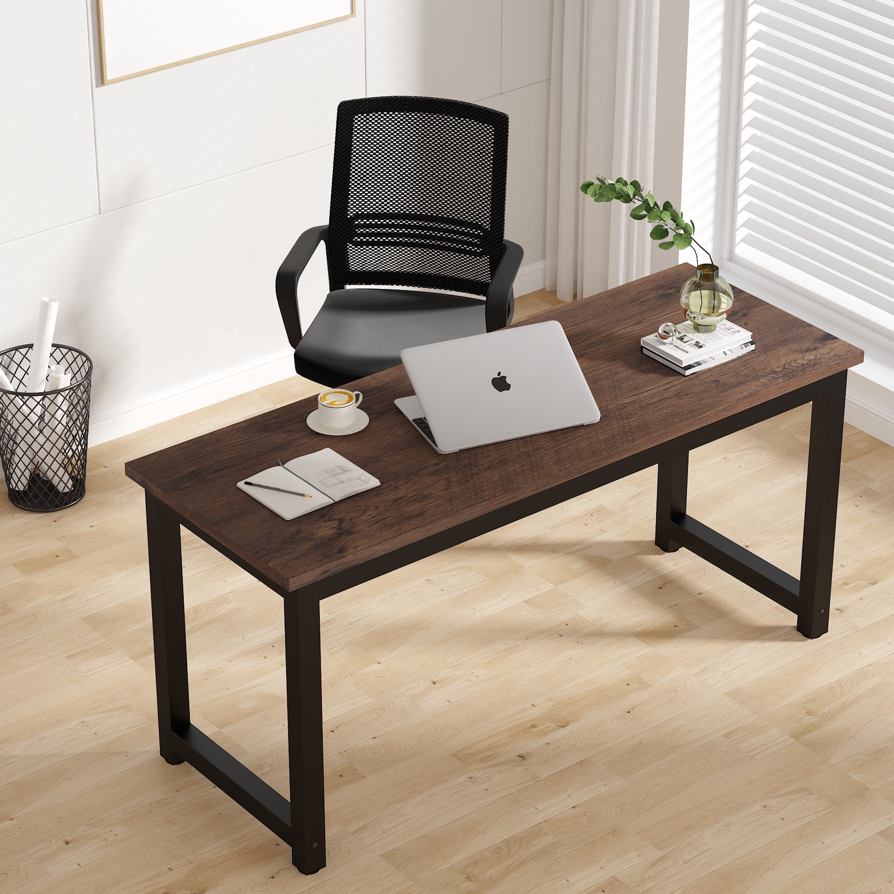 Tribesigns Computer Desk, Large Office Desk Computer Table Study Writing  Desk for Home Office, Walnut + Black Leg, 63 X 23.6 inch