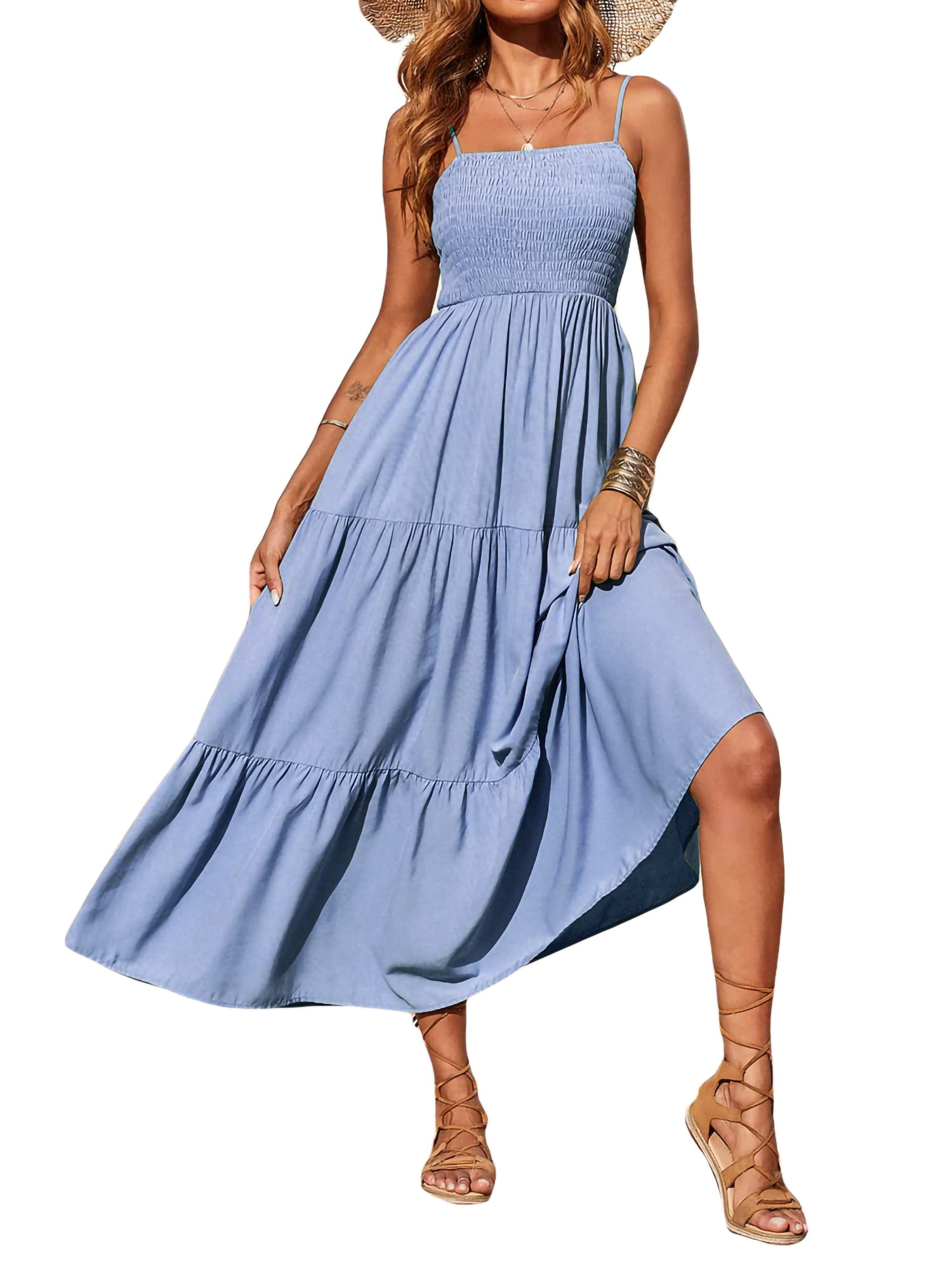 wybzd Women's Spaghetti Strap Maxi Dresses Smocked Dress Tube Top Skirt  Ruffle Hem Square Neck A Line Backless Sundress Blue M