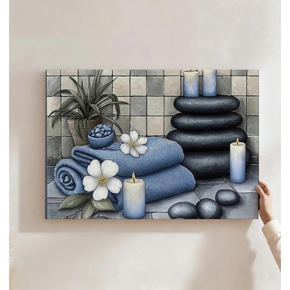 Spa Zen Stone Blue Towel Canvas Wall Art, Relaxation Bathroom Decor, Calming Magnolia Flower Candle Artwork For Bathroom, Bedroom, Spa Room, Ready To Hang 8*12inch(20*30cm)
