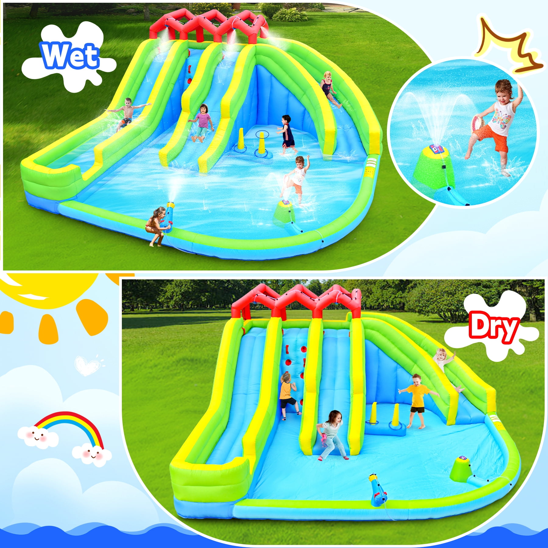 Ambifirner 7 in1 Inflatable Water Park with Blower and Ground Stakes，Three Slide Bouncy Castle for Backyard