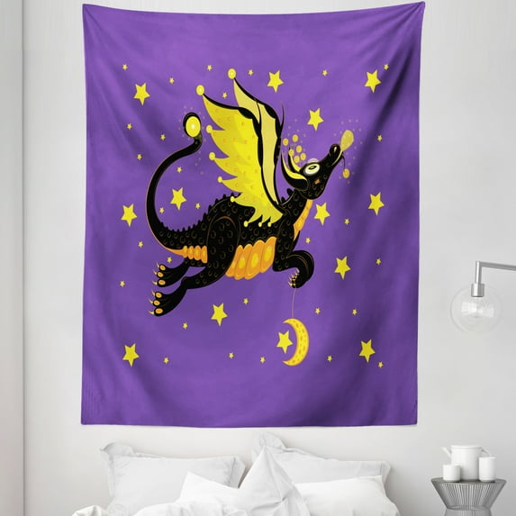 Dragon Tapestry, Night Sky with Fierce Creature Moon and Stars, Fabric Wall Hanging Decor for Bedroom Living Room Dorm, 5 Sizes, Blue Violet Yellow, by Ambesonne