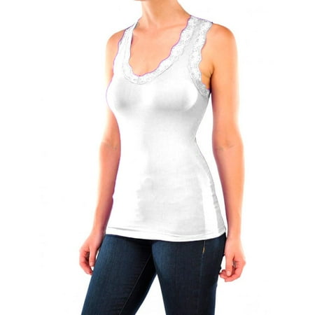 Lace Trimmed Cami - Seamless Stretch Sexy Lace Trim Racerback Basic Tank Top Camisole Cami One Size