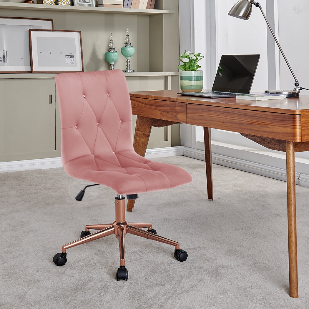 Duhome Office Desk Chair Velvet Tufted Computer Task Chair Rolling Chair Vanity Chair with Wheels for Bedroom Teen Girls, Pink and Gold