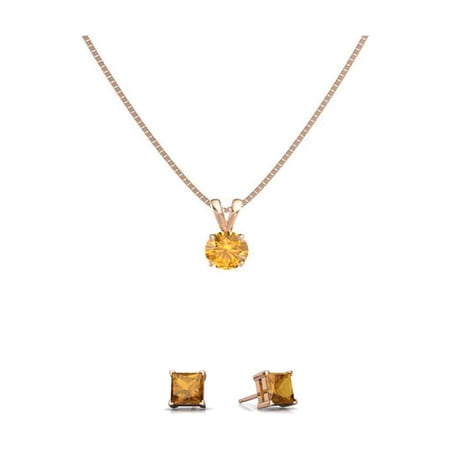 Paris Jewelry 18K Rose Gold 3ct Citrine Round 18 Inch Necklace and Square Earrings Set Plated