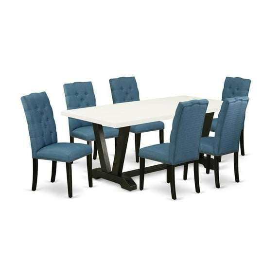East West Furniture V-Style 7-piece Wood Dining Room Set in Black/Mineral Blue