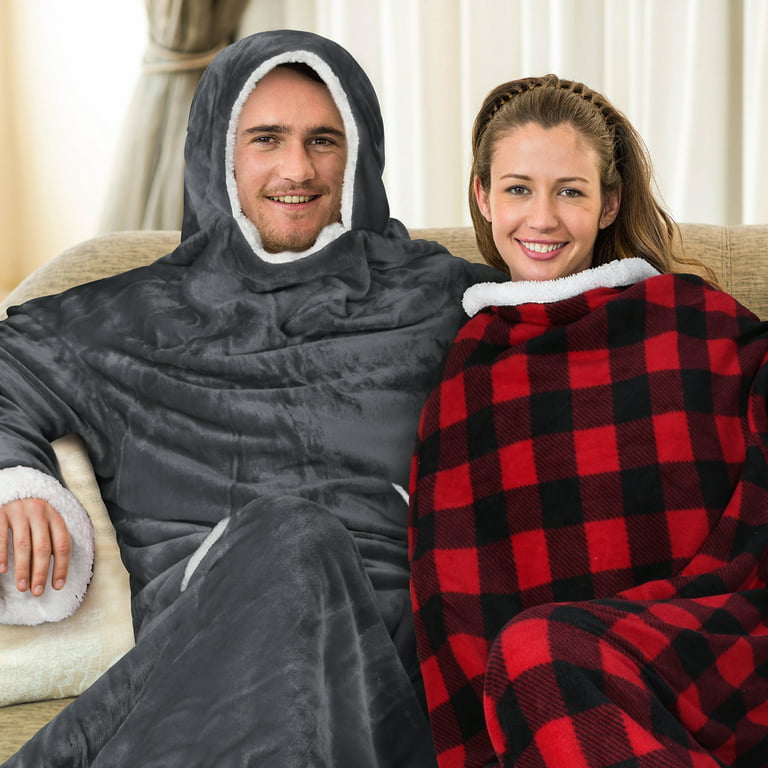 Sherpa Hood Wearable Blanket for Adult Women and Men, Super Soft Comfy Warm  Plush Throw with Sleeves TV Blanket Wrap Robe Hoodie Cover for Lounge Chair  Couch 72 x 55 Wine Red