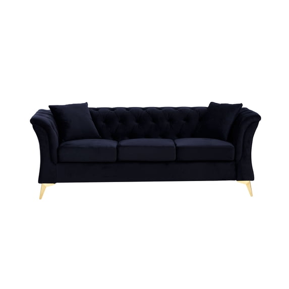 Modern Chesterfield Curved Sofa Tufted Velvet Couch 3 Seat Button Tufed Loveseat with Scroll Arms and Gold Metal Legs for Living Room Bedroom