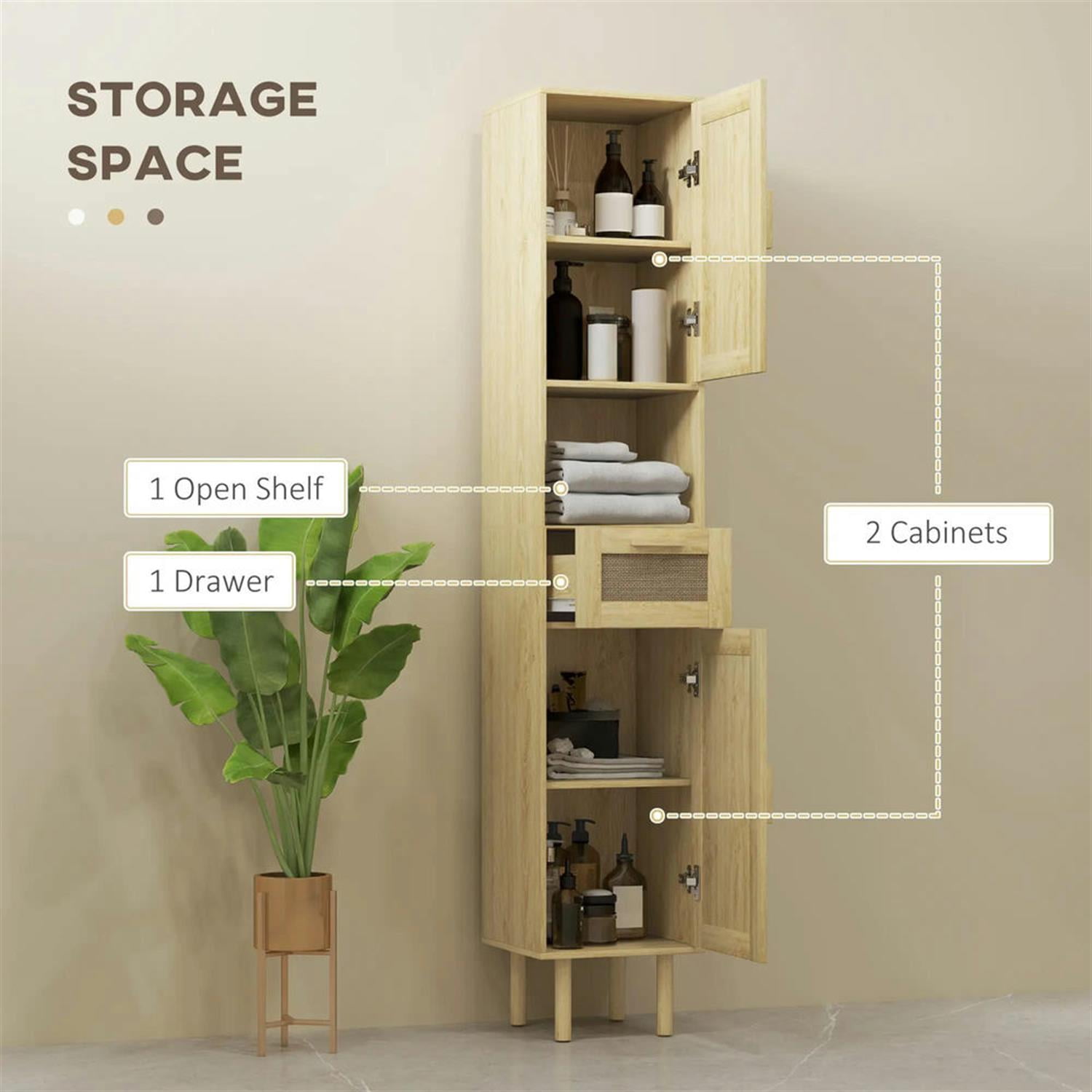 Demi Bonn 67" Tall Bathroom Storage Cabinet, Freestanding Cabinet with Rattan Drawer and Door for Living Room, Kitchen, Dining Room, Office, Beige