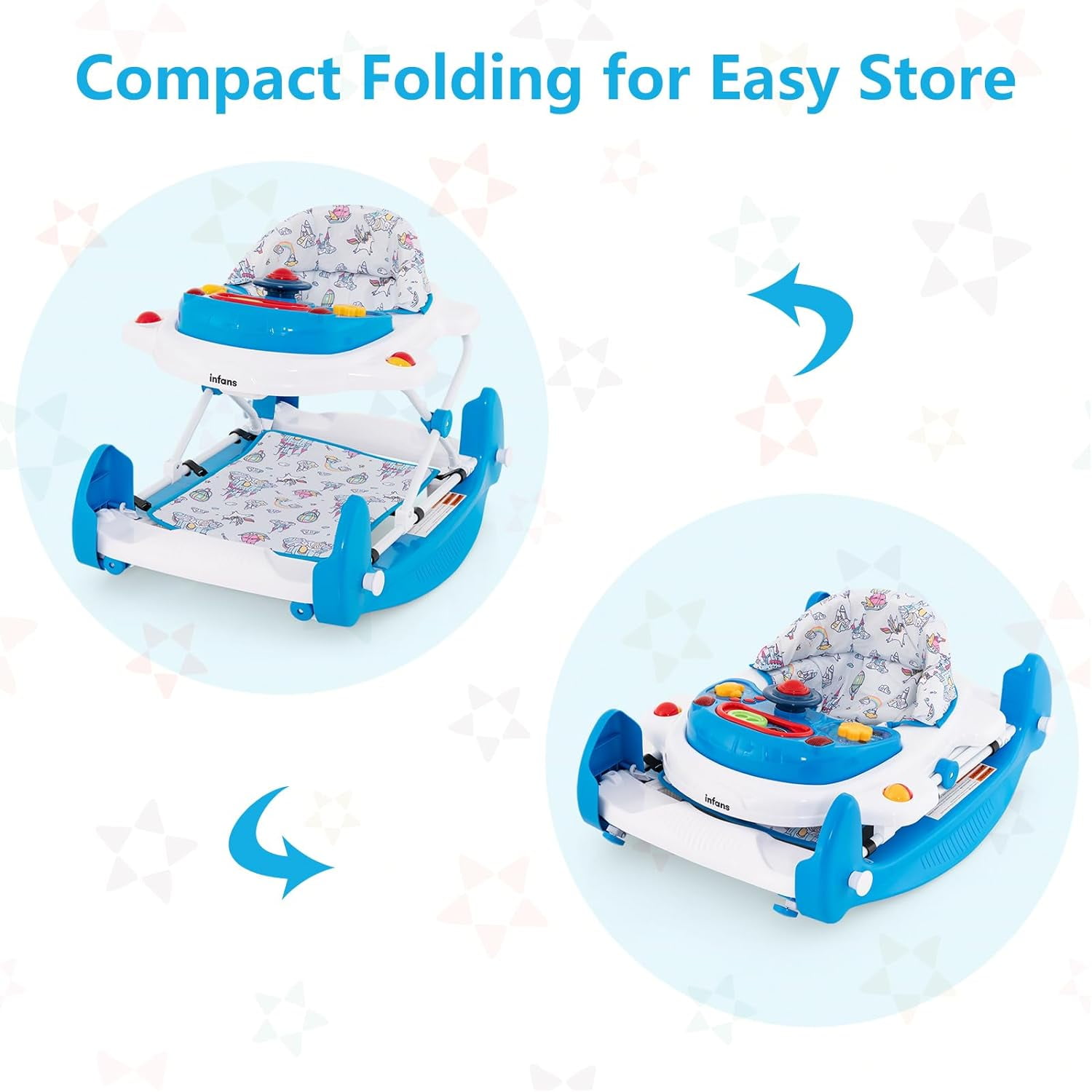 INFANS Baby Walker, 6 in 1 Behind Walker Learning Seated Rocker Bouncer with Removable Music Tray, Adjustable Height, Washable Seat Cushion, Foldable Activity Center for Toddlers