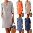 thumbnail image 2 of Women Casual Long Sleeve Buttons Pockets Cotton Linen Loose Knee-length Dress, 2 of 7