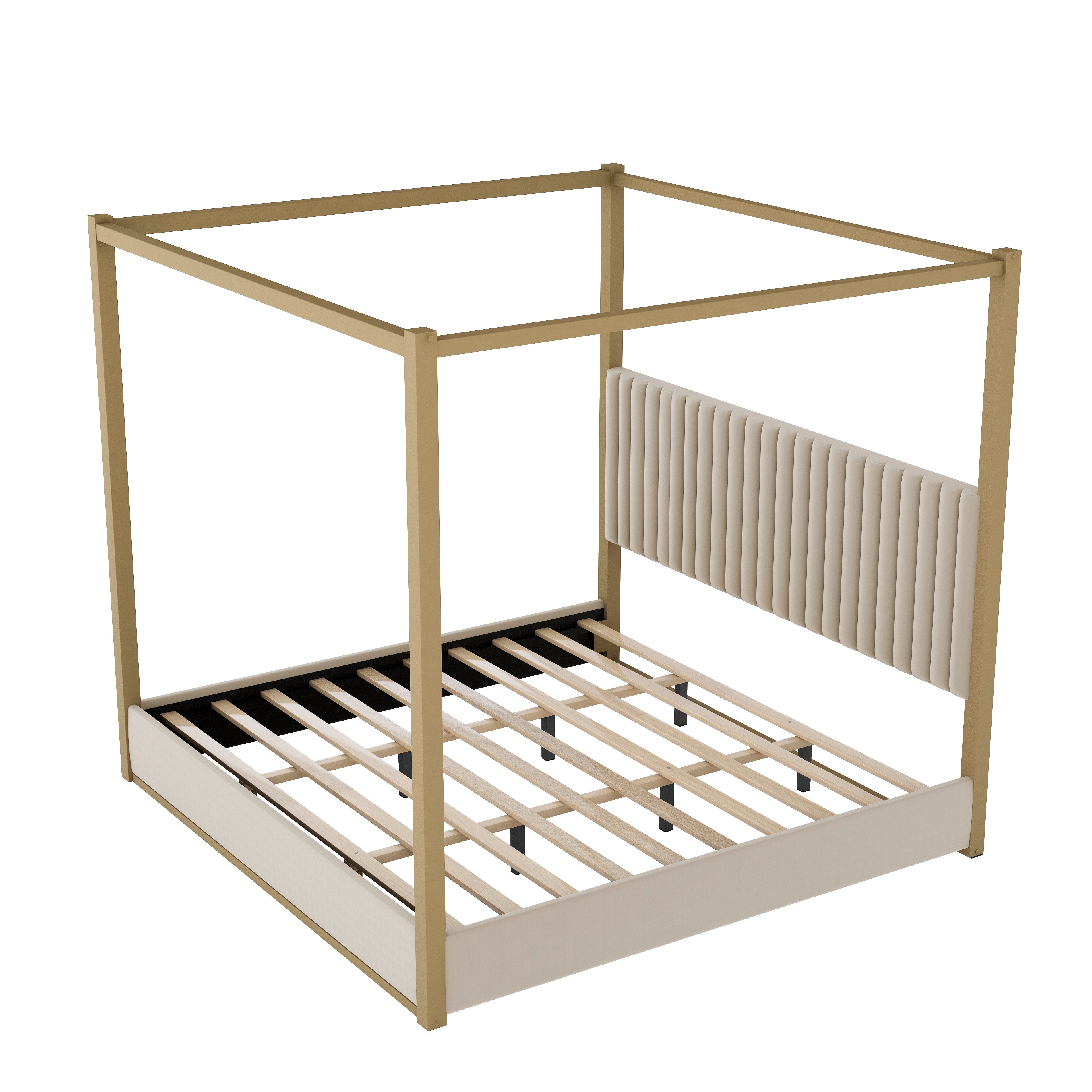 Euroco King Size Canopy Bed with Metal Frame and Upholstery Headboard, Beige