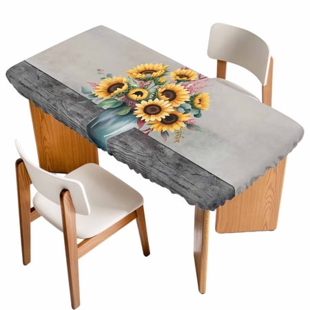 Sunflowers Table Cloths for 5 Foot Rectangle Tables Spring Botanical Yellow Floral Vases Retro Patio Waterproof Elastic Fitted Tablecloths Washable Rectangular Table Cover for Camping