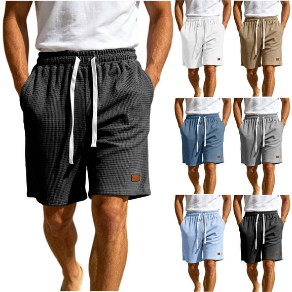 Mifsaly Mens Lounge Shorts 7 inch inseam Waffle-Knit Summer Casual Shorts Textured Lightweight Drawstring Outdoor Shorts with Side Pockets Black,S