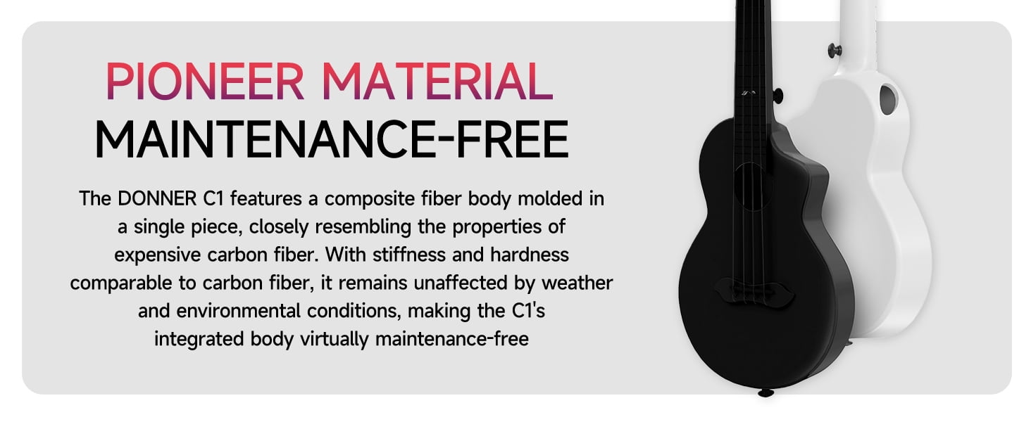Donner 23’’ Carbon Fiber Travel Ukulele with Beginner Kit with Bag, Pink