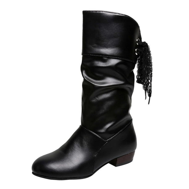 Botas de mujer botas de caballero, tacón bajo, punta redonda, cordones en la parte trasera, cálidas, de manga media, para la nieve, para correr, botas de vaquero.