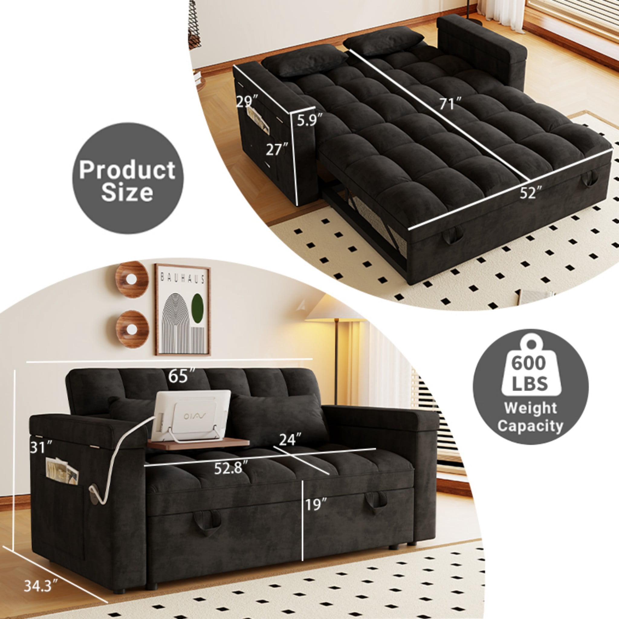 BSHTI 65" 3-in-1 Velvet Foldable Sofa Bed with USB Port & Table Board – 5-Position Adjustable Backrest, Storage Armrests, Large Convertible Sleeper Couch for Living Room, Apartment, Office,Black