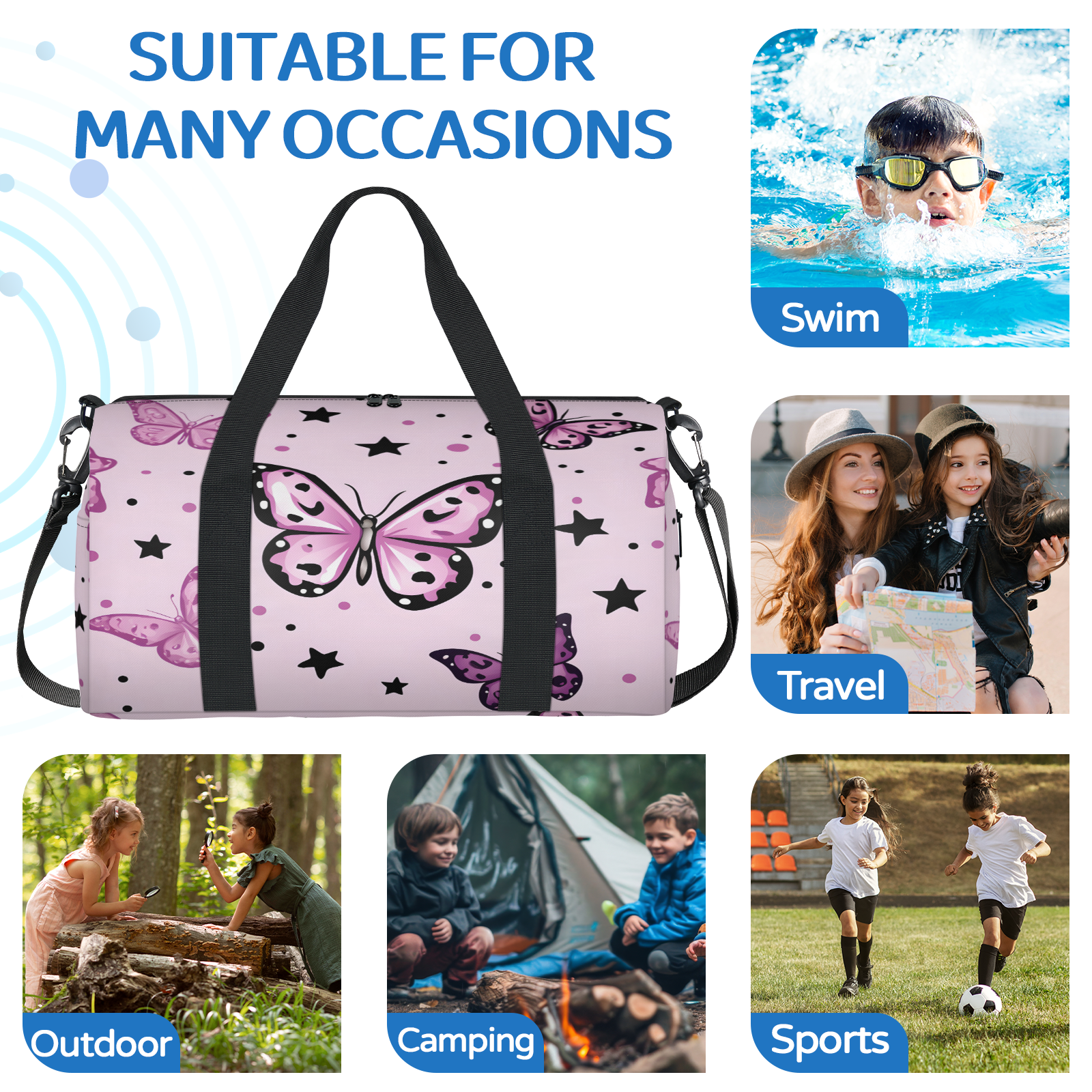 Herdesigns Butterfly Travel Duffle Bag Sports Yoga Weekender Overnight Carry on Workout Bags Lightweight Waterproof Gym Tote Bag for Women Pink