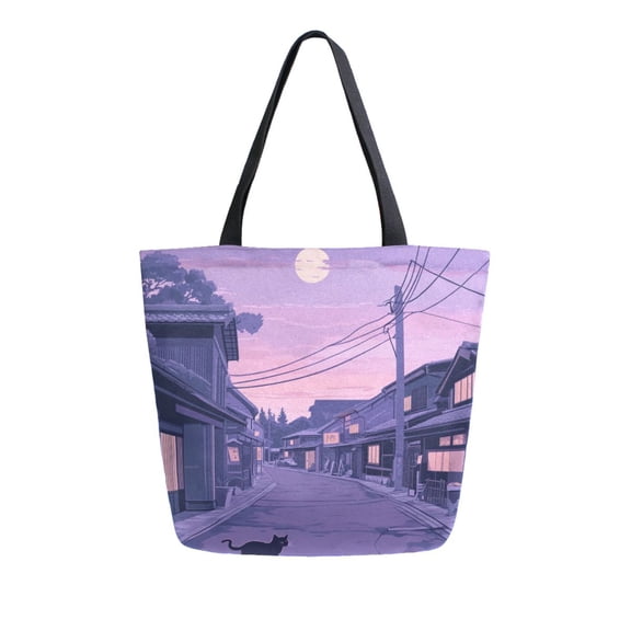 FORMRS Womens Canvas Tote Bag with Zipper Inner Pocket Shoulder Handbag, Black Cat Walking