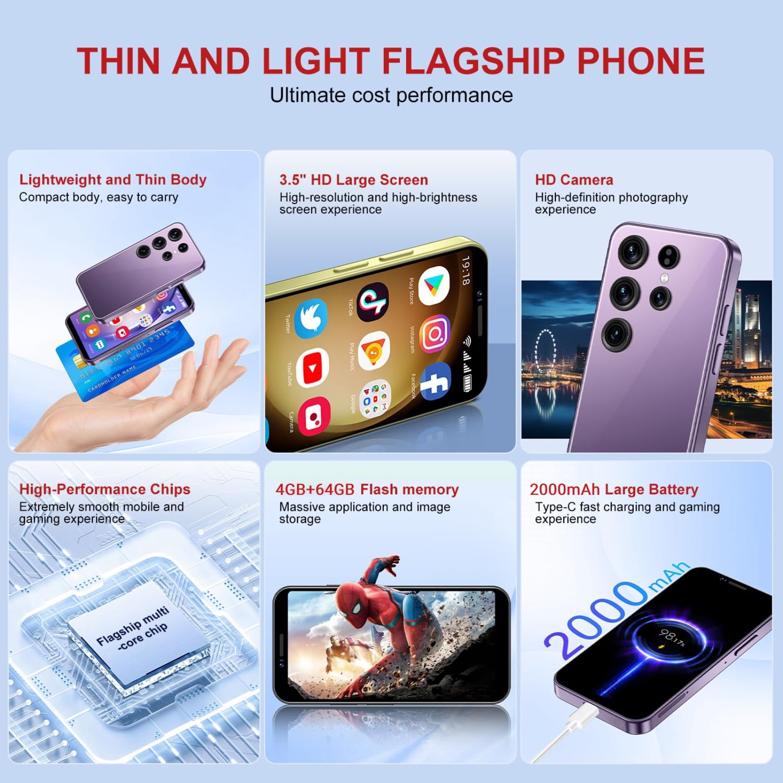 3G Mini Smartphone 3.5 Inch Android 10 Dual Sim 4GB+64GB Memory Face Unlock Premium Phone with WiFi Bluetooth for Student Pocket Cellphone, Black