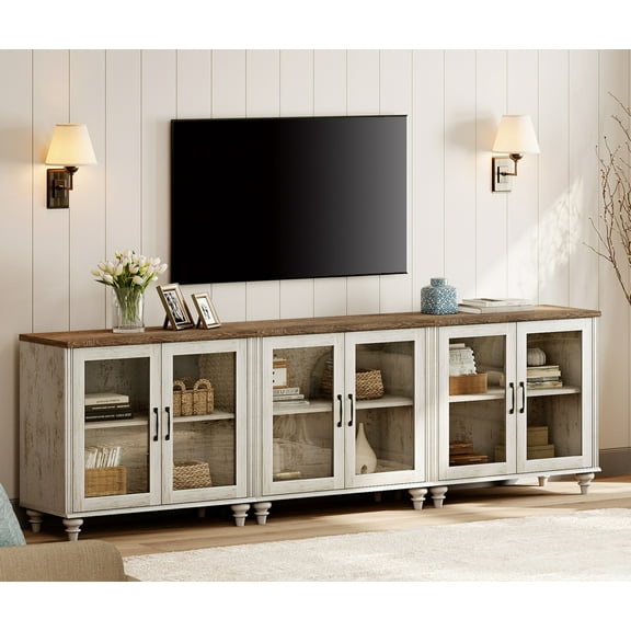 Farmhouse Style TV Stand for TVs Up to 100 inch, TV Console Table with 6 Glass Doors for Living Room or Bedroom, Rustic White