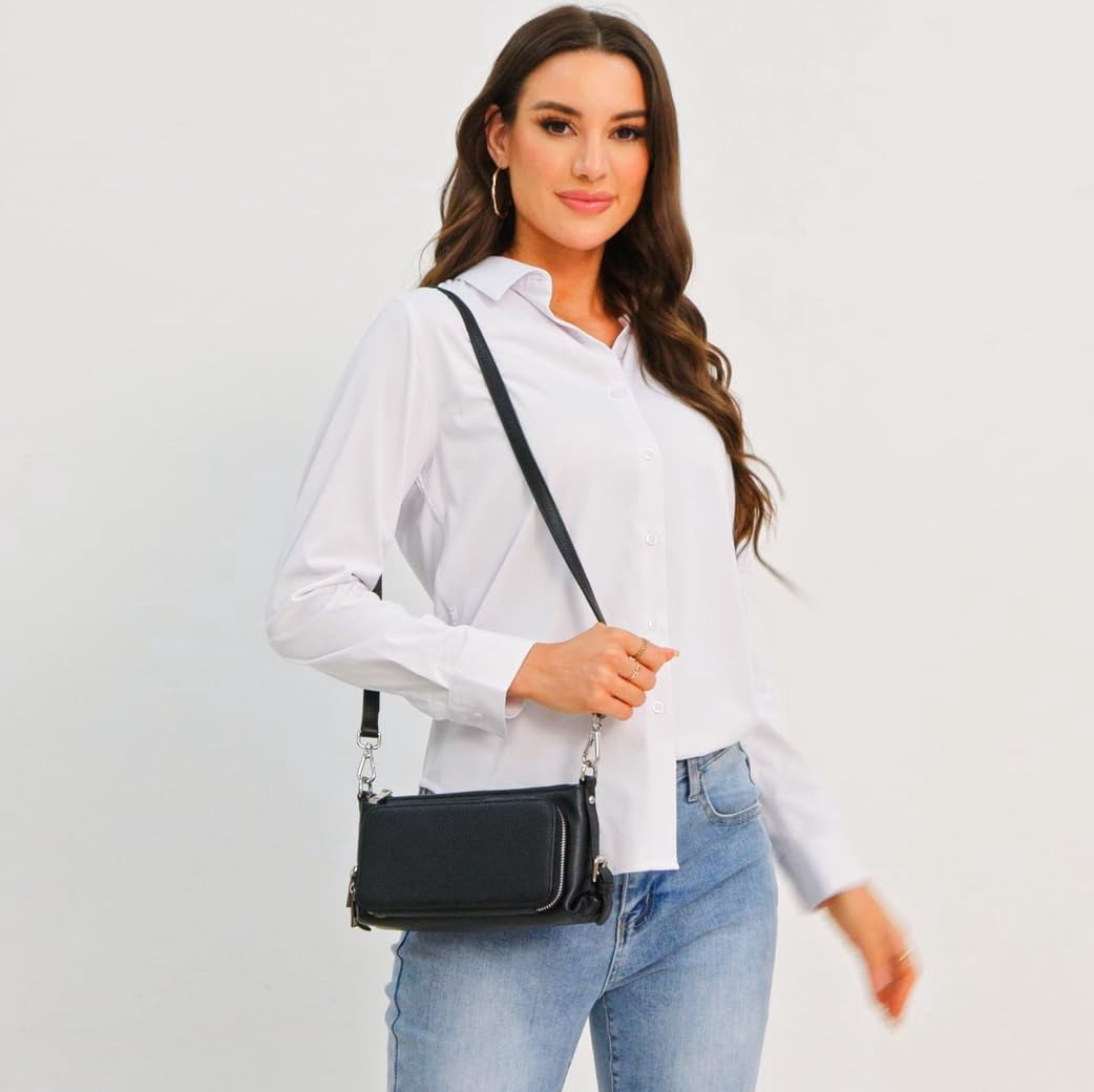 PORT&LOTUS Black Slim Genuine Leather Crossbody Purses for Women with Shoulder Strap