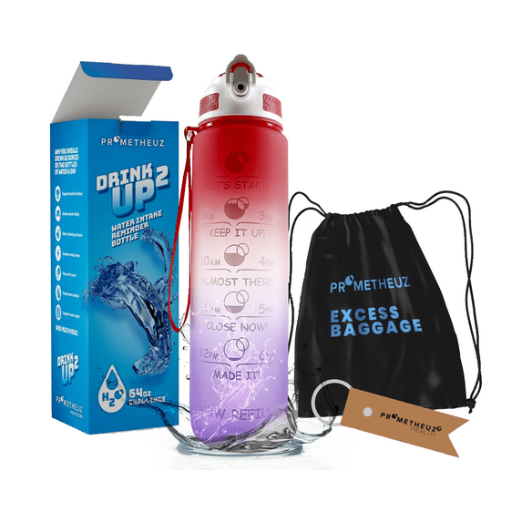 PROMETHEUZ 32oz Water Bottles with Times to Drink, Motivational Water Bottle with Time Marker and Straw, Leakproof & BPA-Free Water Jug for Sports, Work with Gym Drawstring Bag, Dark Pink-Dark Purple