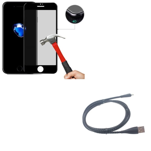 iPhone 8/7/6S/6 - Tempered Glass Privacy Screen Protector w 3ft Metal USB Cable - Curved Anti-Spy Anti-Peep 4D Edge Case Friendly, Charger Cord Power Wire Braided Sync for iPhone 8/7/6S/6