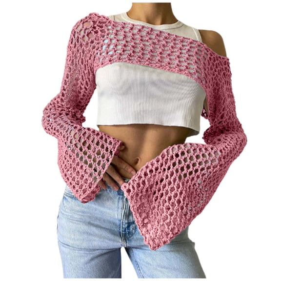 OOOUM Women Solid Hollow Crochet Knit Shrug Off Shoulder Flare Long Sleeve Crop Knit Cover Up Y2K Sexy Sheer Mesh Cardigan Pink