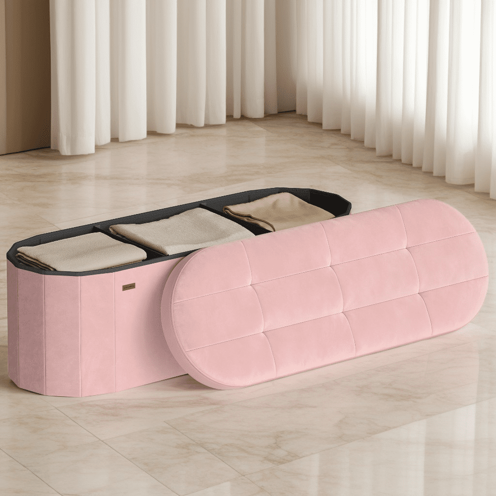 LEDREM 43" Foldable Storage Ottoman Bench, Velvet Fabric Ottoman with 2 Internal Dividers, Footrest for Bedroom Living Room