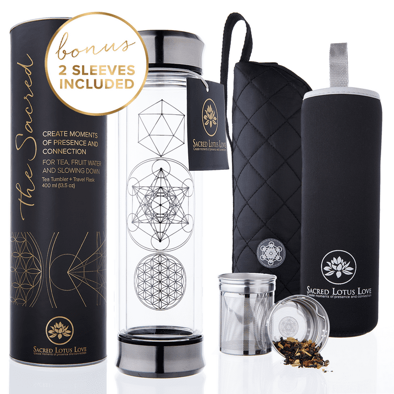 The Sacred Glass Tea Infuser Bottle + Strainer for Loose Leaf, Herbal,  Green or Ice Tea. 415ml/14oz Cold Brew Coffee Mug + Fruit Infusions tumbler.  Free Quilted and Neoprone Sleeves 