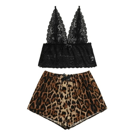 

Lingerie Women Camisole Lace Satin Sleepwear Leopard Print Silk Bow Pajamas Set Shorts