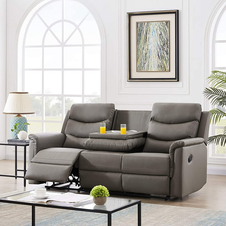 3-Seater Reclining Couch, Faux Leather, Dark Grey, with Cup