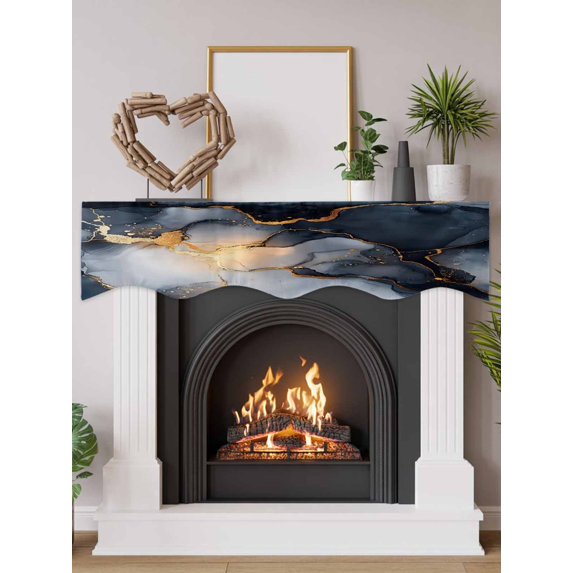 Marble Black Fireplace Mantel Scarf Cover 90"Wx17"L, Fireplace Mantel Shelf Top Runner, Ink Painting Art Modern Abstract Mantle Dresser Scarves Table Runner for Holiday Party Living Room Decorations