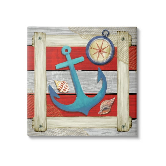 Stupell Maritime Anchor Compass Stripes Landscape Painting Gallery Wrapped Canvas Print Wall Art