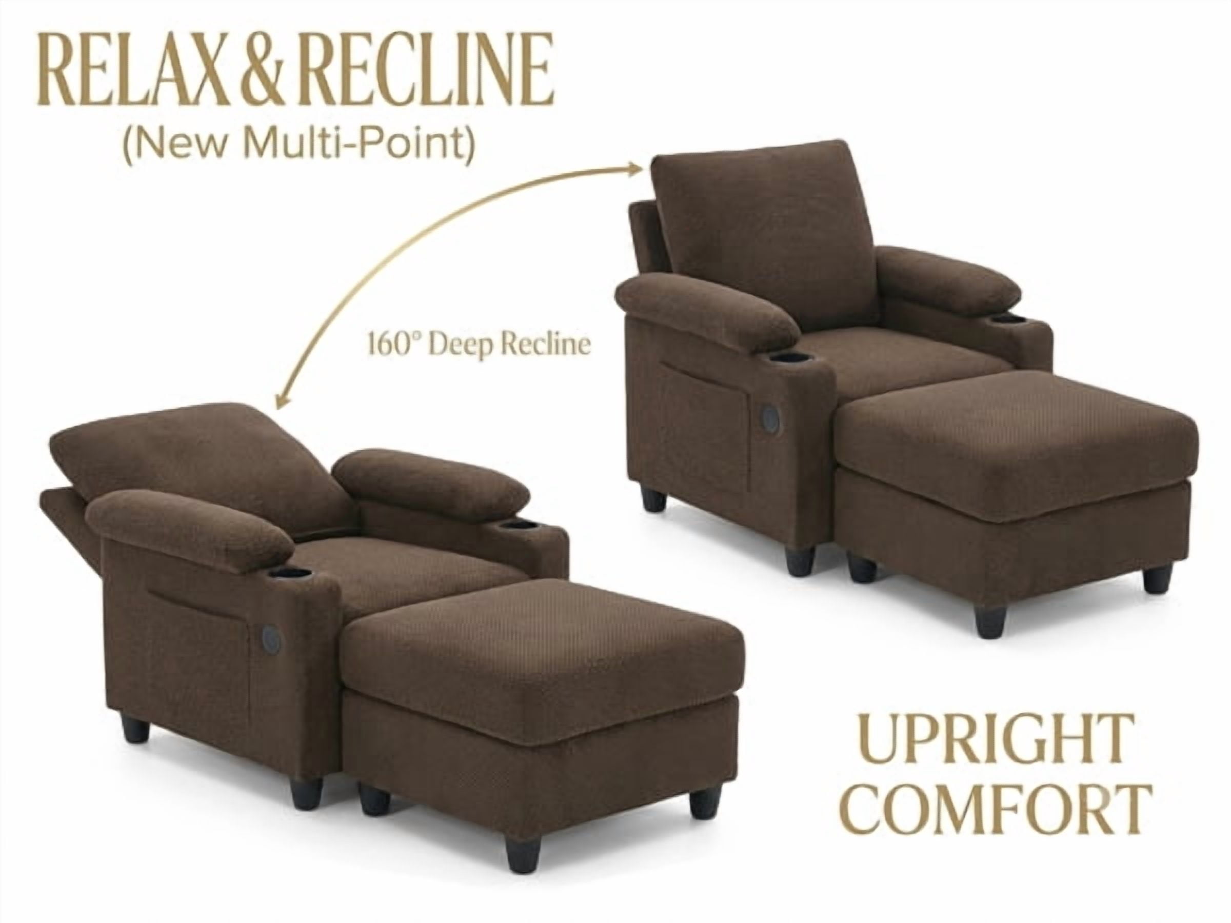 34" Accent Chair and Storage Ottoman Set, Reclining Sleeper Bed with Cupholders and USB-C Ports