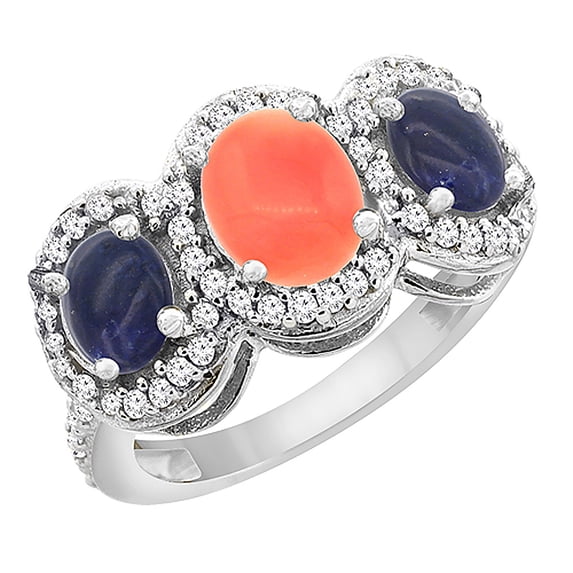 14K White Gold Natural Coral & Lapis 3-Stone Ring Oval Diamond Accent, size 5