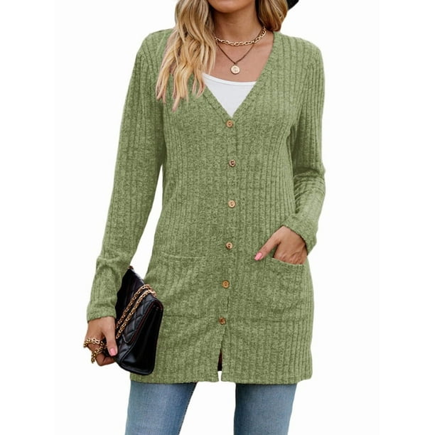 Cárdigan de Otoño para Mujer, de Punto Suave, de Larga, Abierto Al Frente y con Bolsillos. Verde XXL