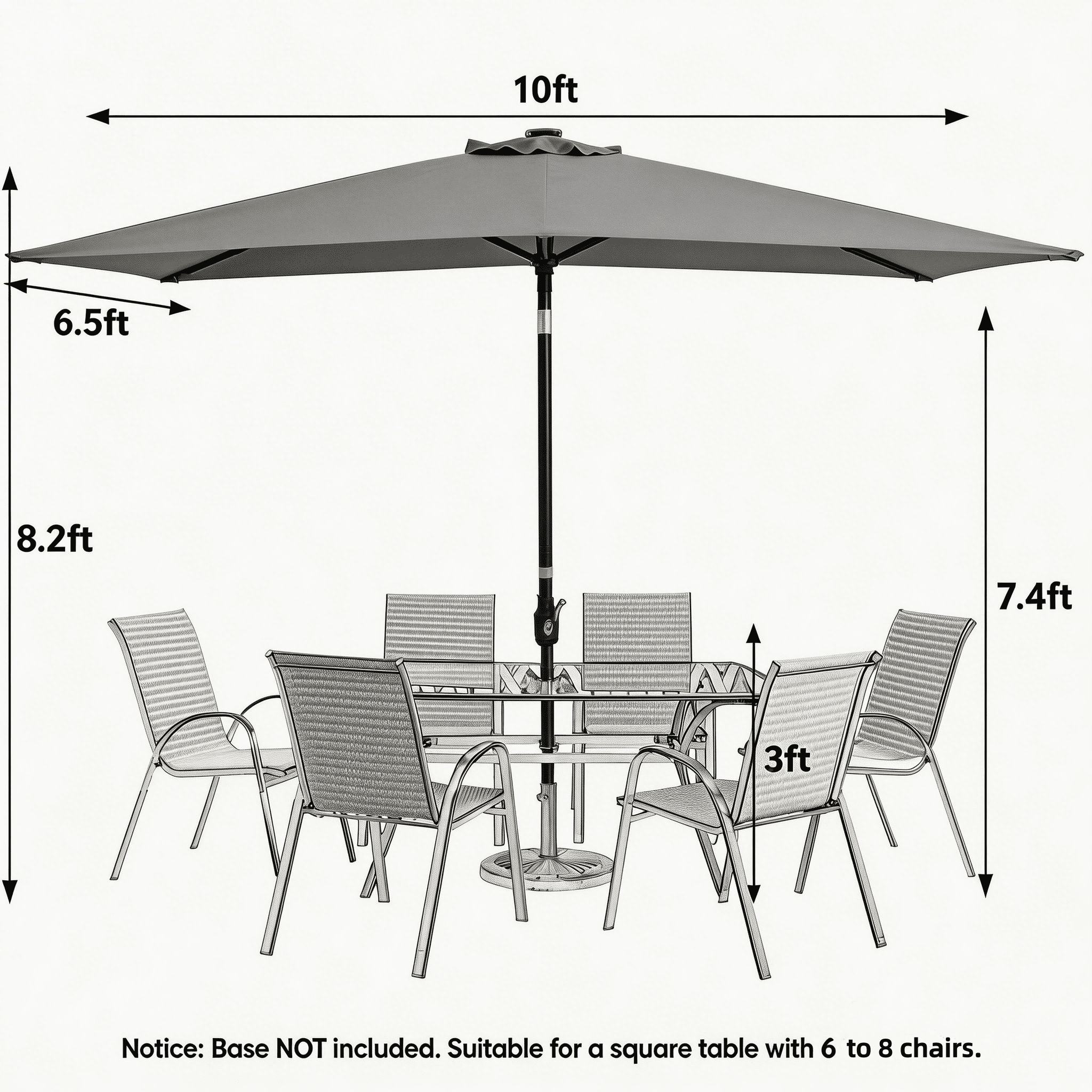 Sunvivi 6.5 x 10 Ft Rectangular Patio Umbrella, Outdoor Table Market Umbrella with Crank, 6 Steel Ribs, Polyester Canopy, Grey