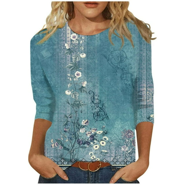 CHUANK Chemisiers et Hauts pour Femmes Décontractés à Fleurs Col Ras du Cou T-Shirts Surdimensionnés Manches au Coude 3/4 Coupe Ajustée Chemises Habillées Jolis Hauts de Sortie pour Femmes Vert TG