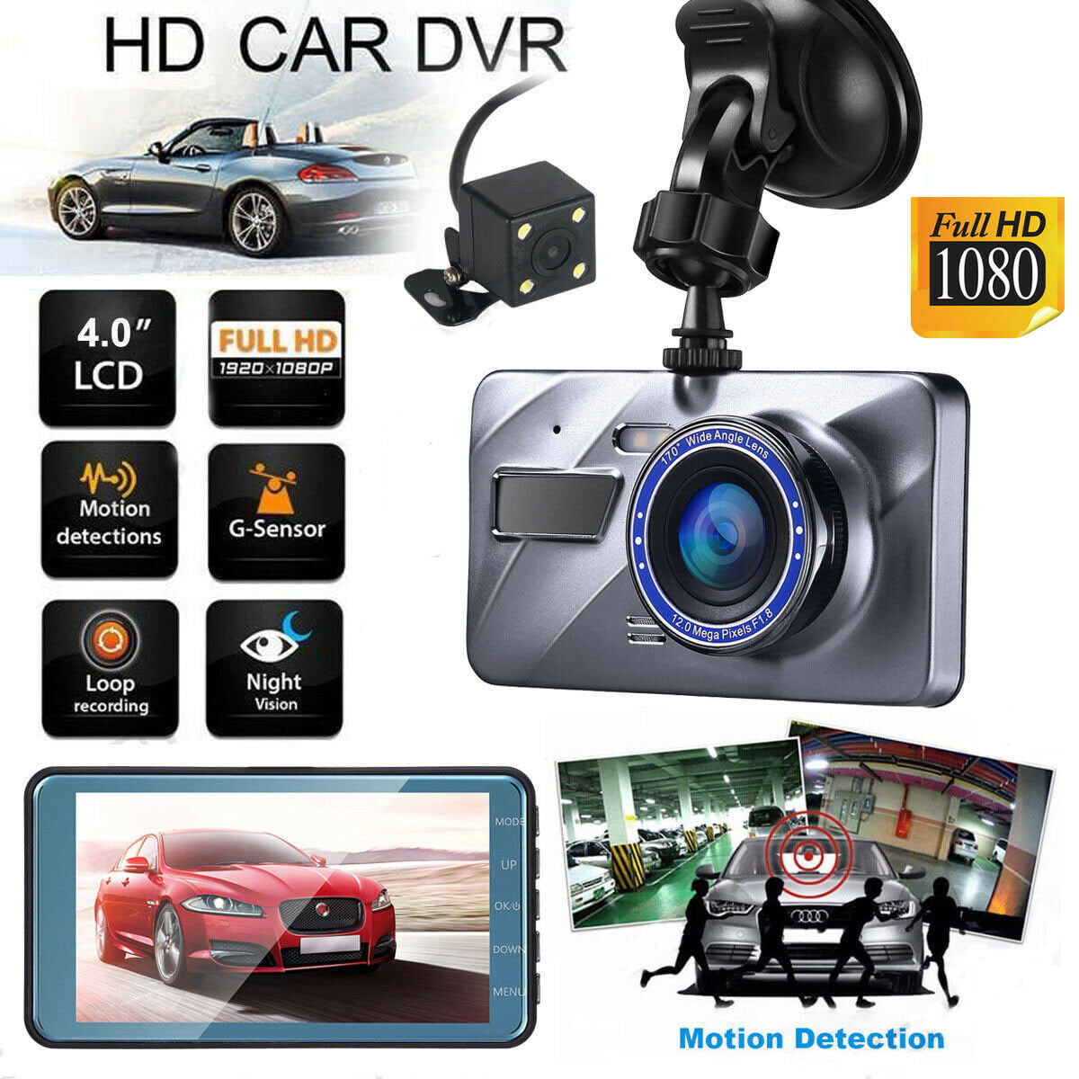 4" Vehicle 1080P Car Dashboard DVR Camera Video Recorder G-Sensor Dash Cam 