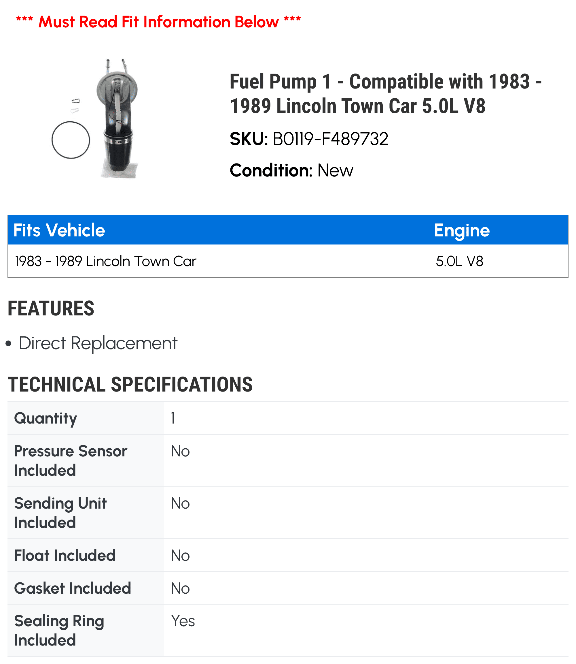 Fuel Pump 1 - Compatible with 1983 - 1989 Lincoln Town Car 5.0L V8 - Autopart Premium