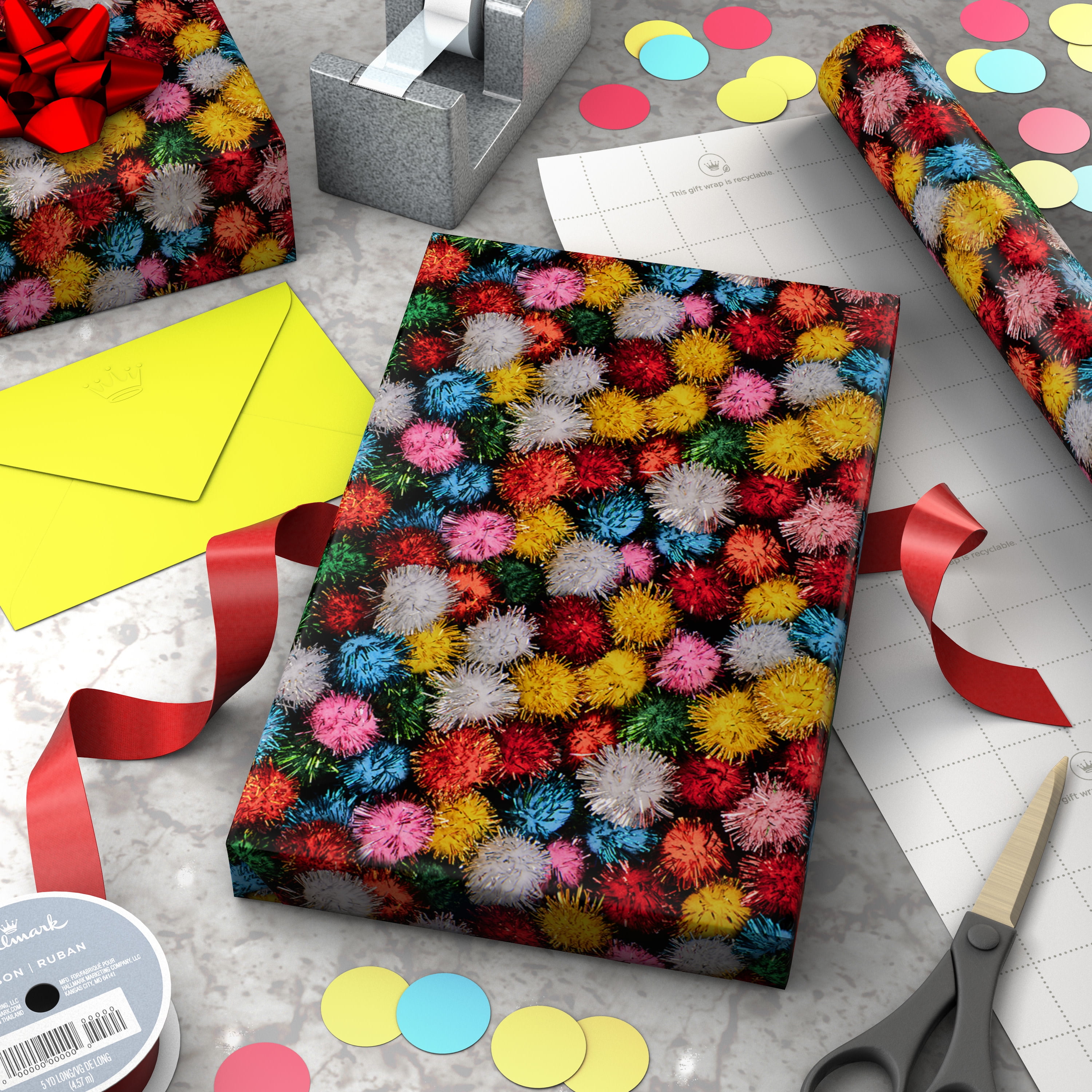 Hallmark Wrapping Paper Roll (Colorful Pom-Poms) 20 sq. ft.