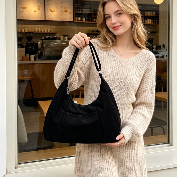 Bolso tote de pana para mujer, bolso bandolera de gran capacidad para ir al trabajo o a clase – Correa ajustable, bolso de mano versátil con forro para uso diario.