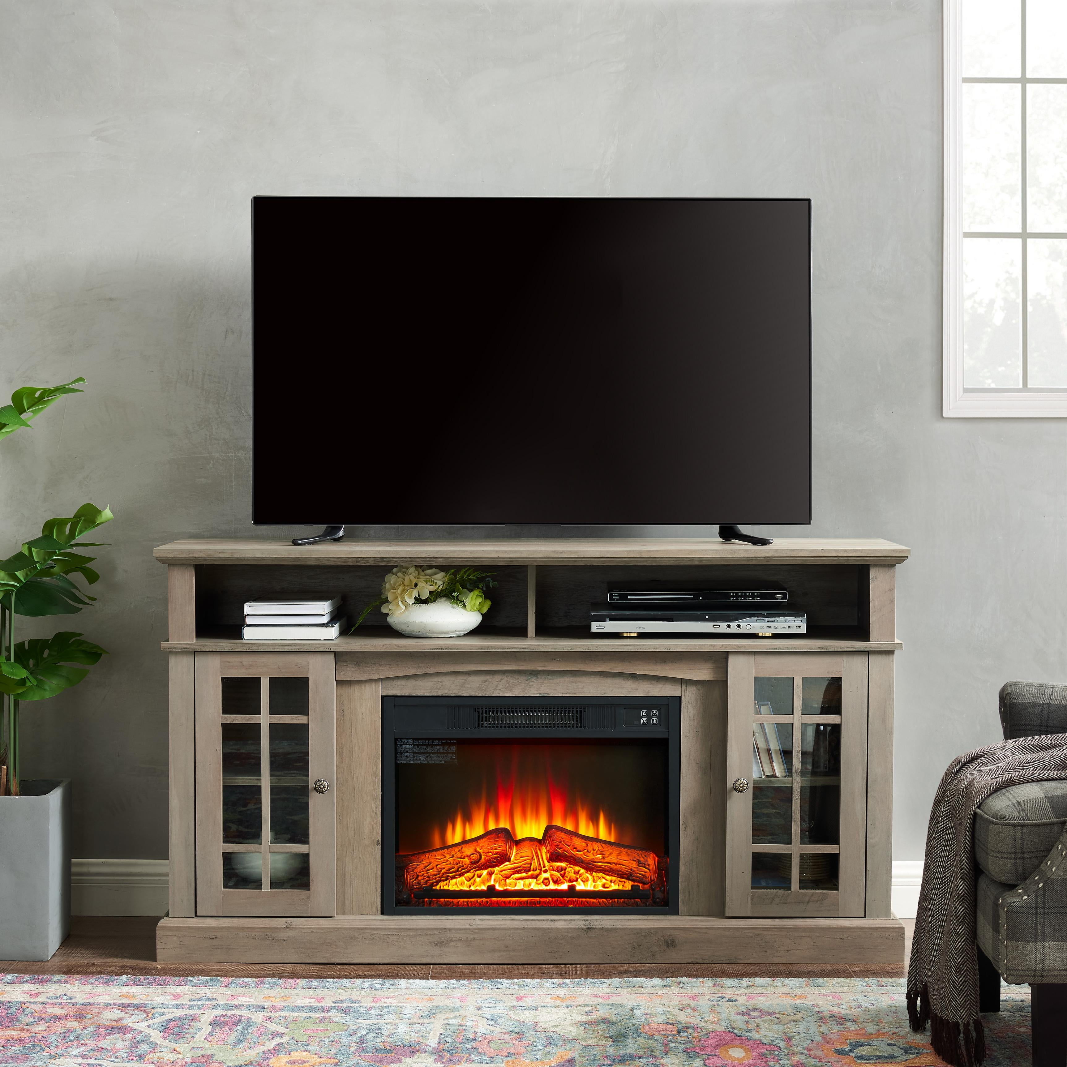 PAPROOS Fireplace TV Stand for 65 Inch TV, Modern Farmhouse TV Cabinet with 23'' Electric Fireplace, Entertainment Center Television Console Table for Living Room, Gray