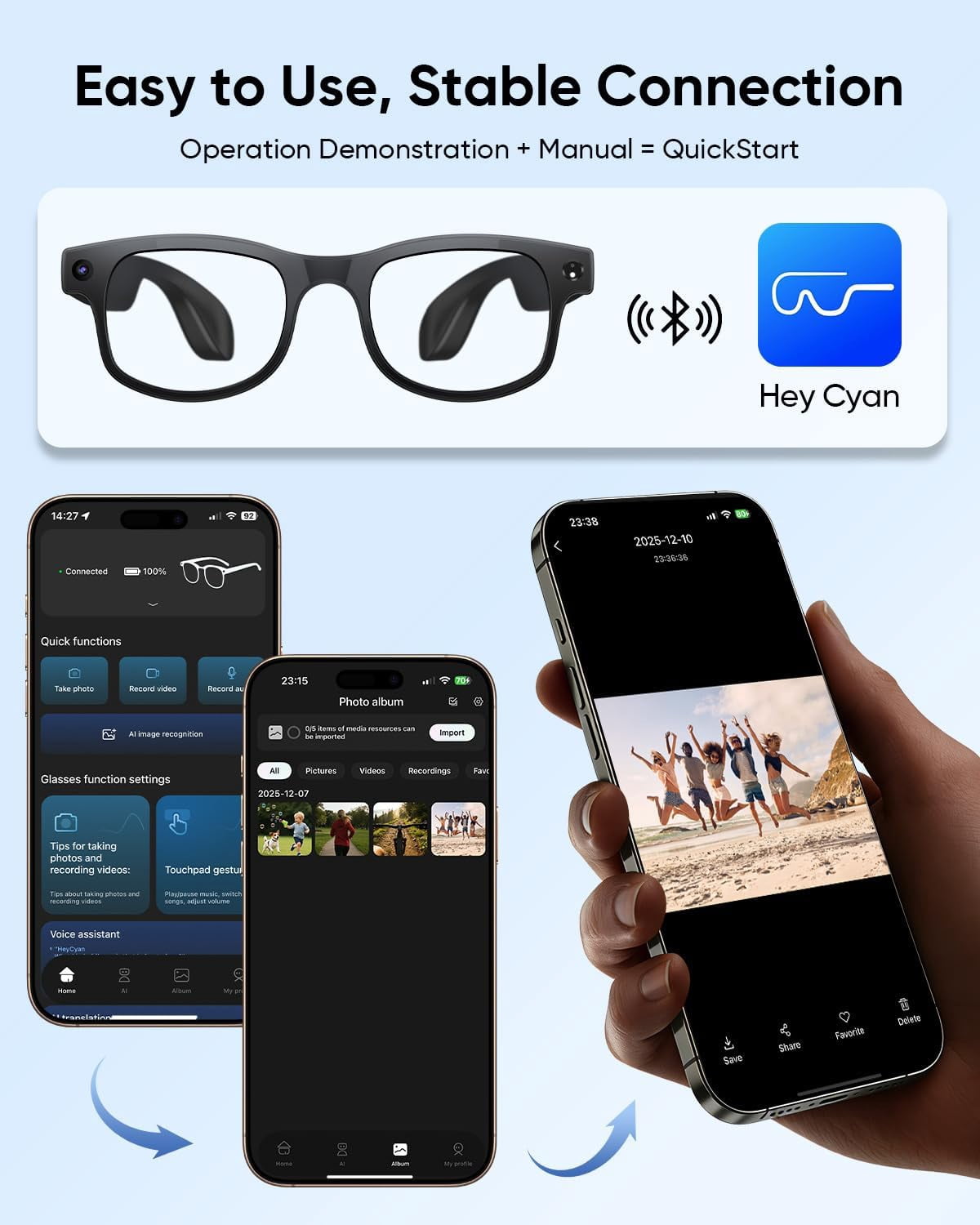 AI Smart Glasses with Camera, 1080P Video Recording Camera Glasses for Men and Women, Real Time Translation, AI Voice Assistant, Photochromic Lenses Sunglasses for Travel,(Black)