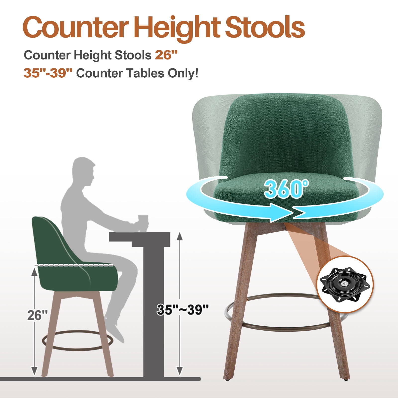 Foreate Swivel Bar Stools Set of 1, 26" Counter Height, Upholstered Linen Fabric with Mid-Back & Wood Legs, Modern Chair Island Stool for Kitchen Pub, Green